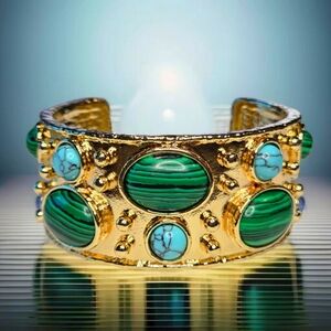 Chunky Gold Plated Byzantine Malachite  Turquoise Glass Cabochon Cuff Bracelet